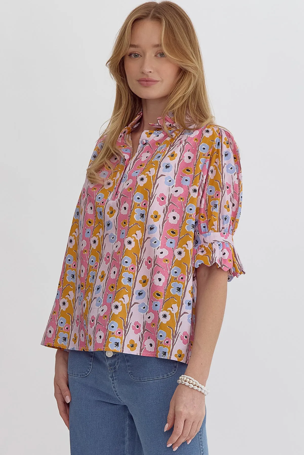 Pink & Rust Floral Scallop Top