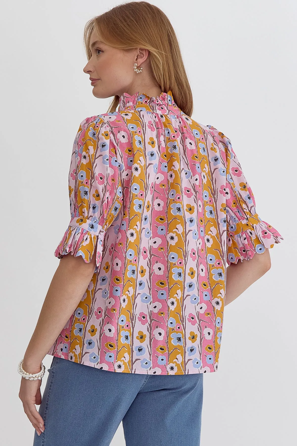 Pink & Rust Floral Scallop Top