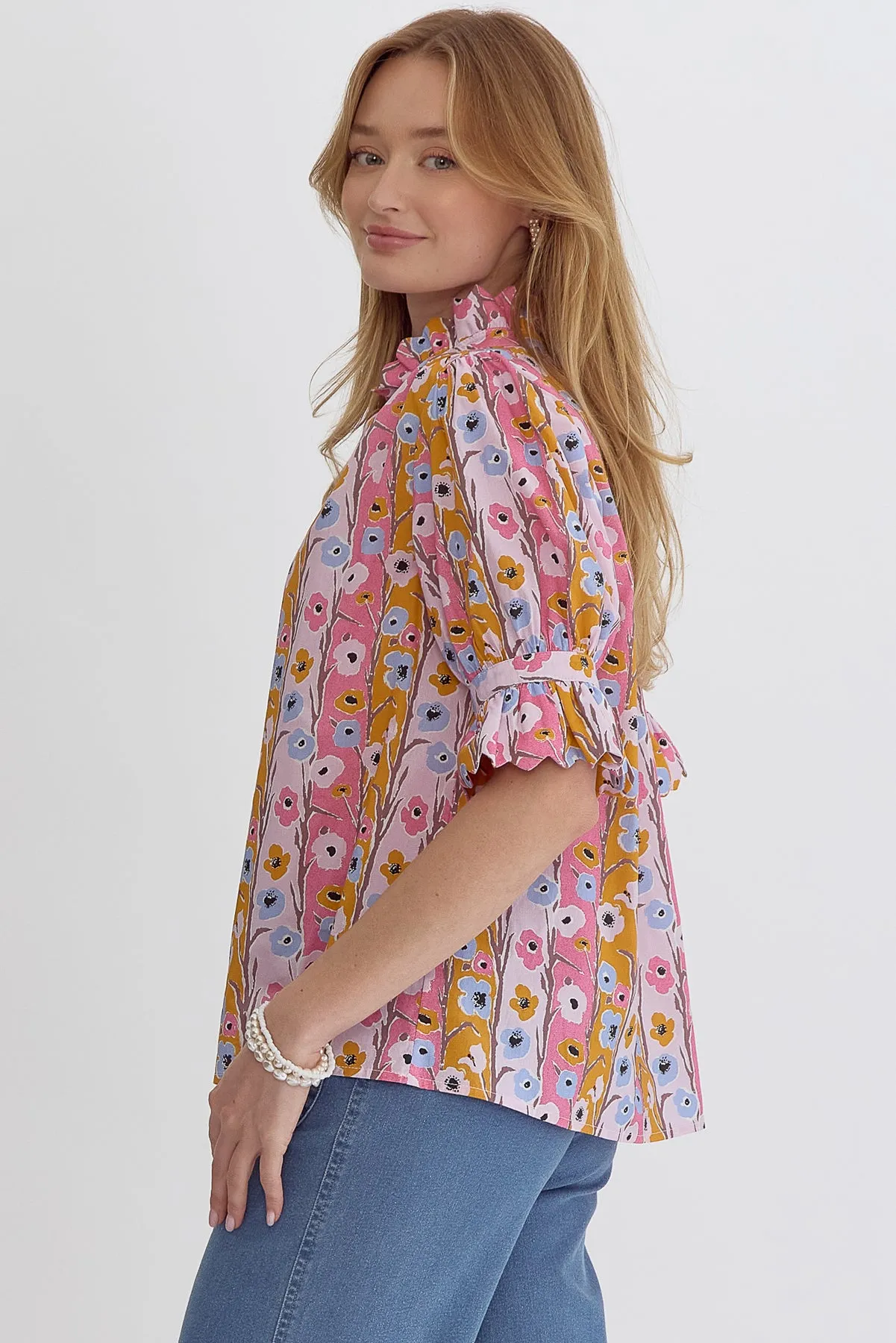 Pink & Rust Floral Scallop Top
