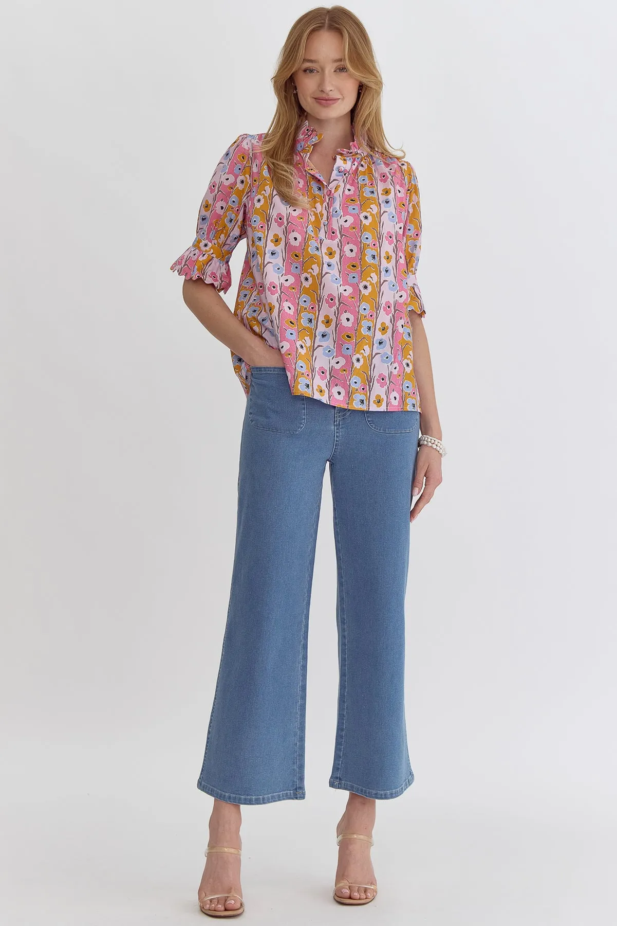 Pink & Rust Floral Scallop Top