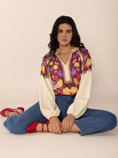 Printed Notched Long Sleeve Blouse
