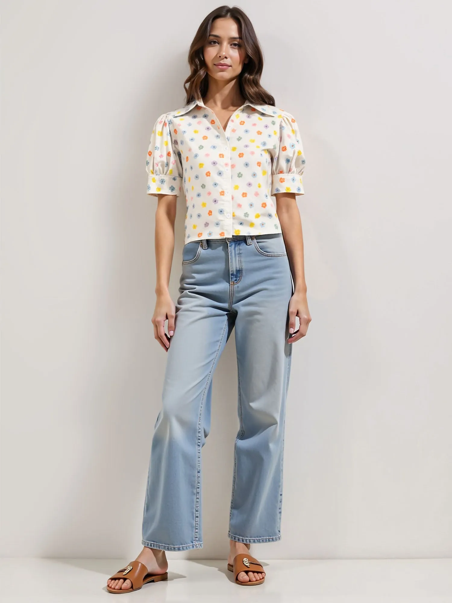 Puff Sleeve Ditsy Daisy Print Button Down Shirt
