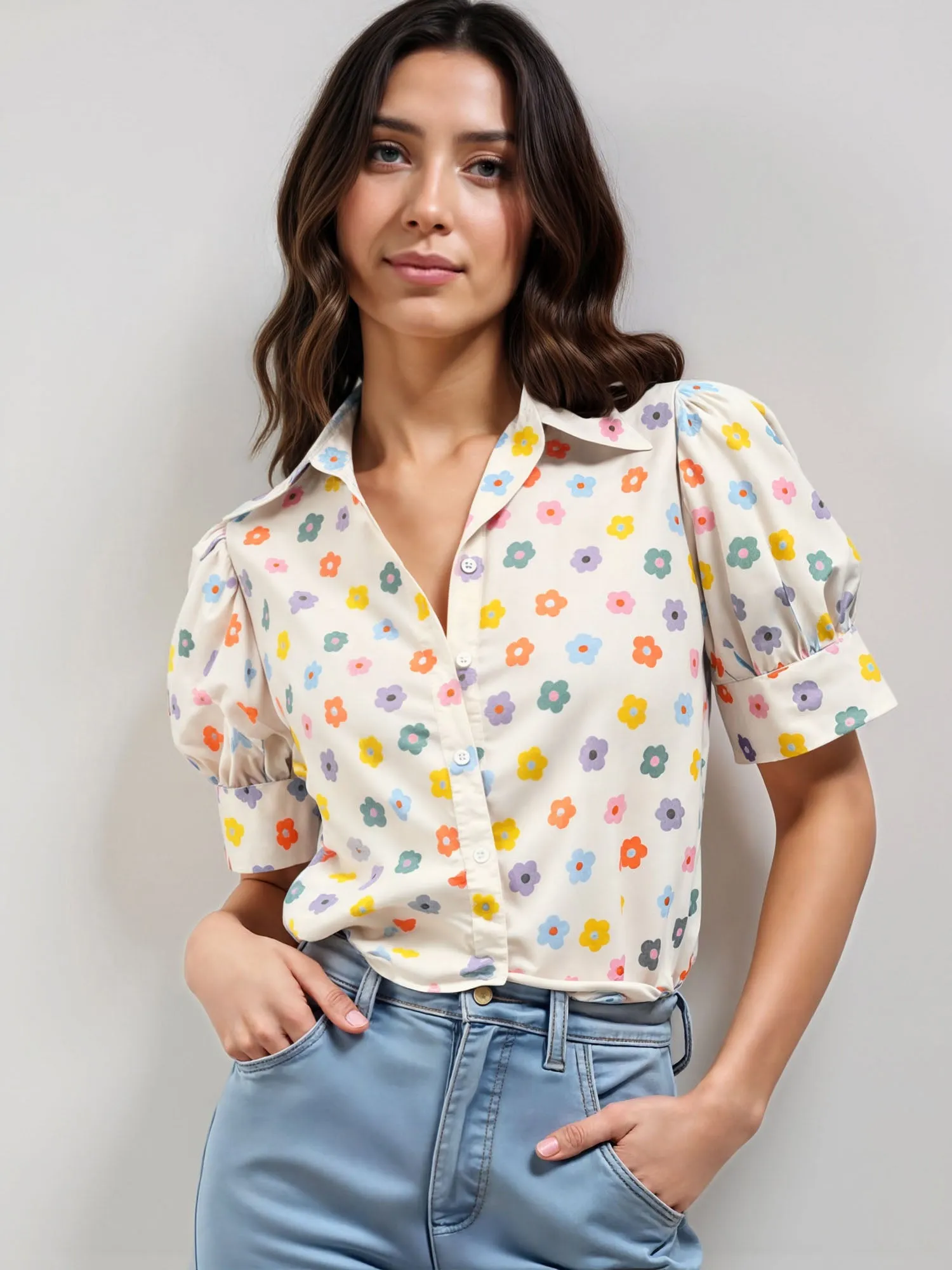Puff Sleeve Ditsy Daisy Print Button Down Shirt
