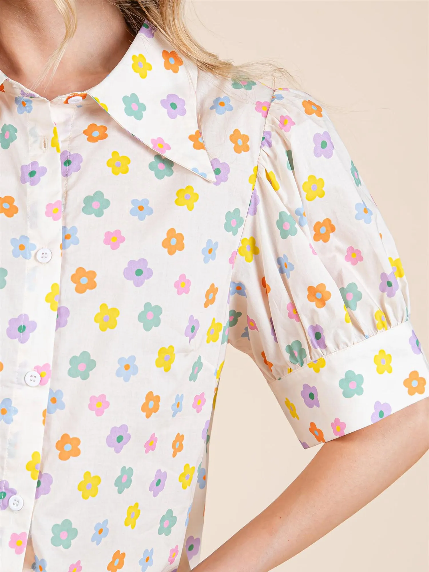 Puff Sleeve Ditsy Daisy Print Button Down Shirt