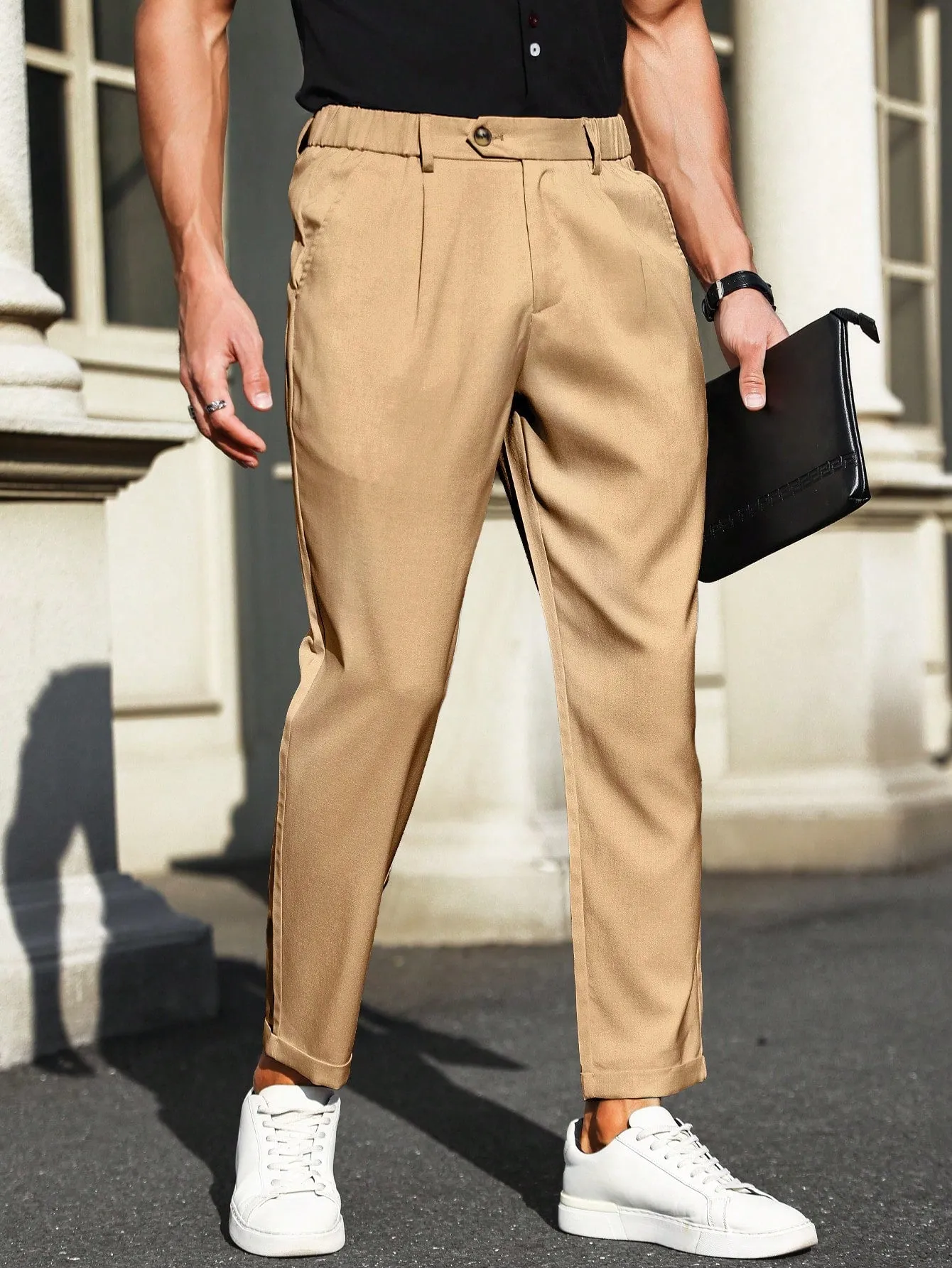 QA Homme Men's Solid Color Casual Daily Wear Long Trousers