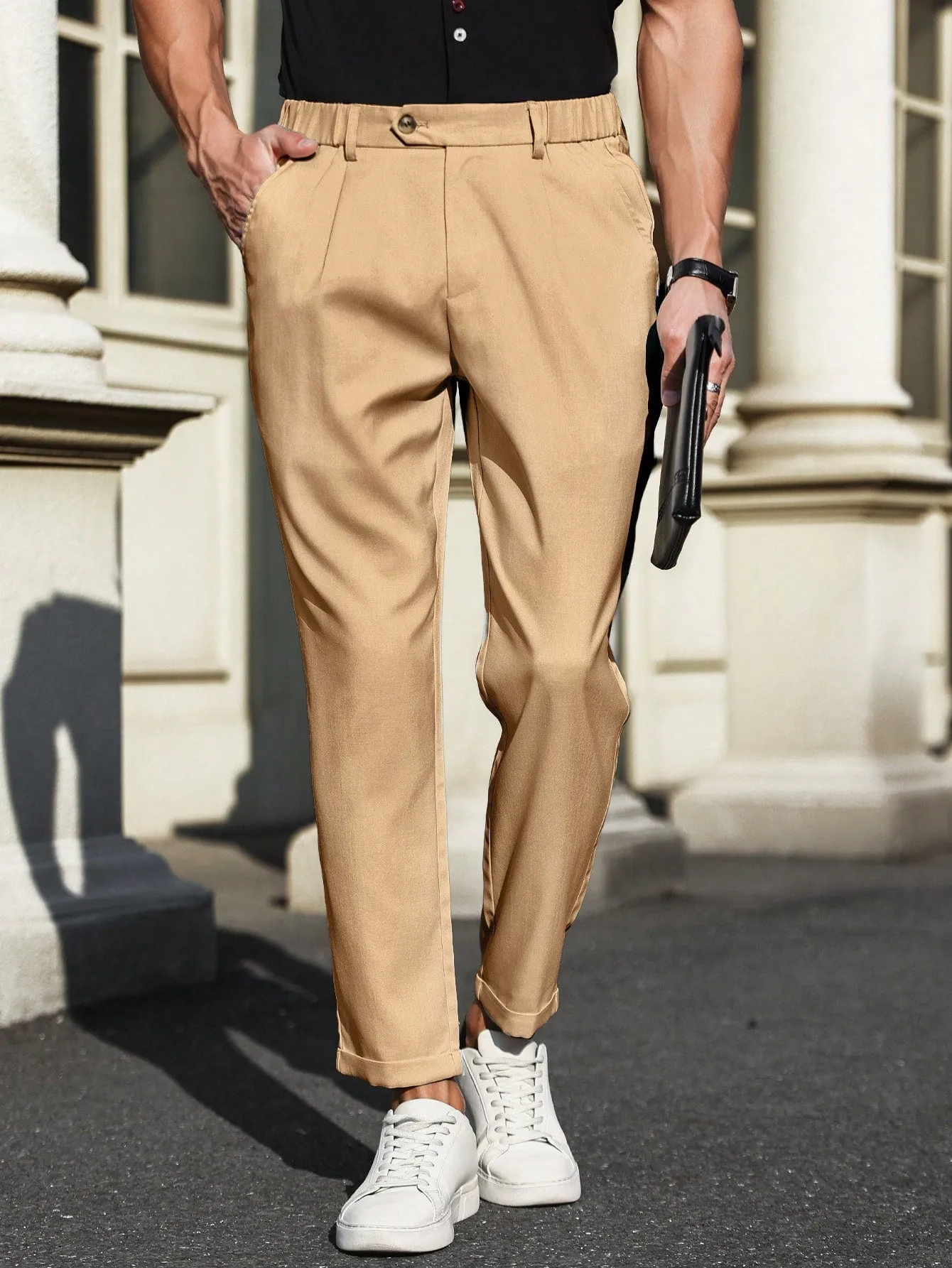 QA Homme Men's Solid Color Casual Daily Wear Long Trousers