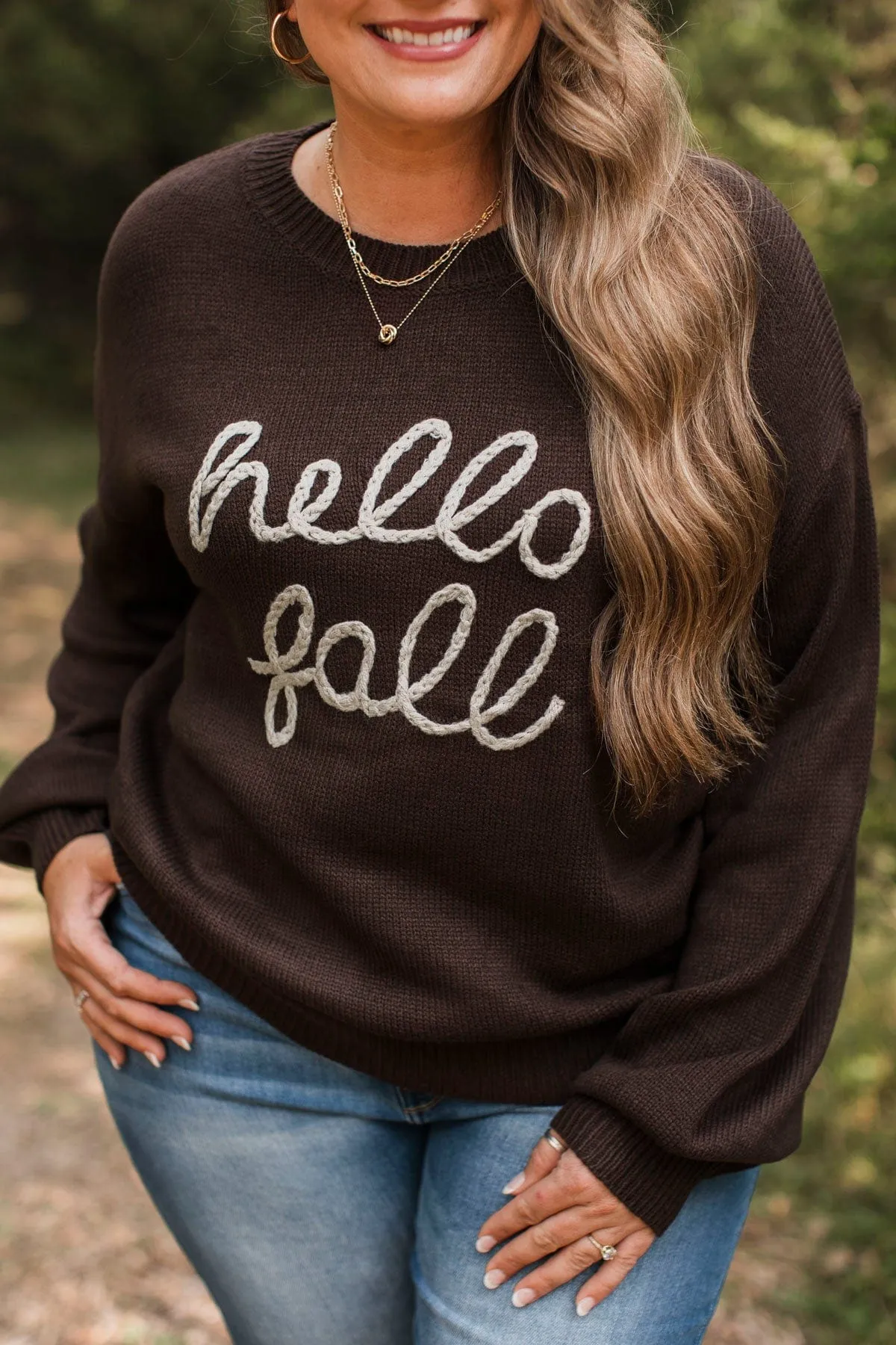 "Hello Fall" Embroidered Knit Sweater- Dark Brown