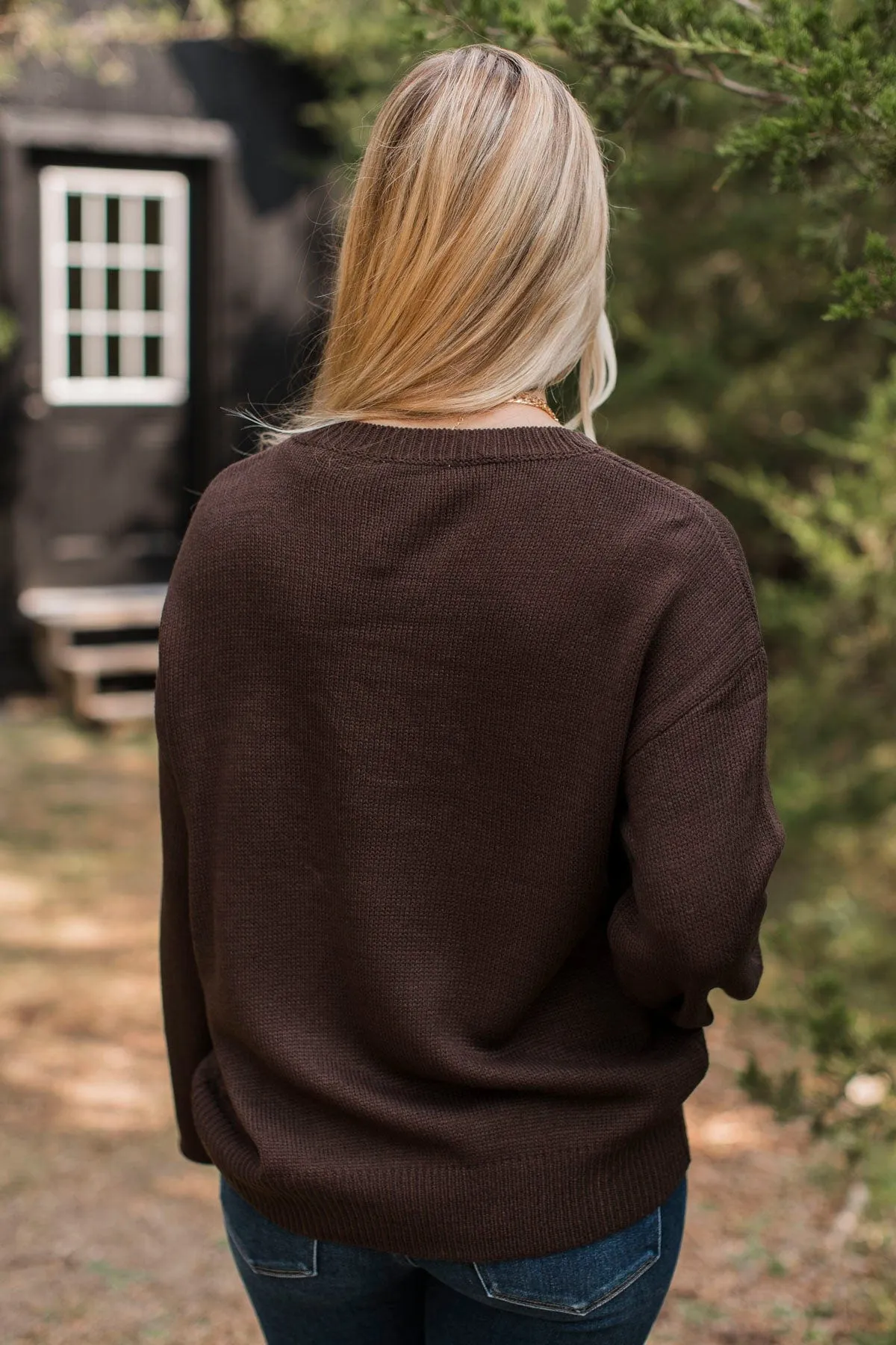 "Hello Fall" Embroidered Knit Sweater- Dark Brown