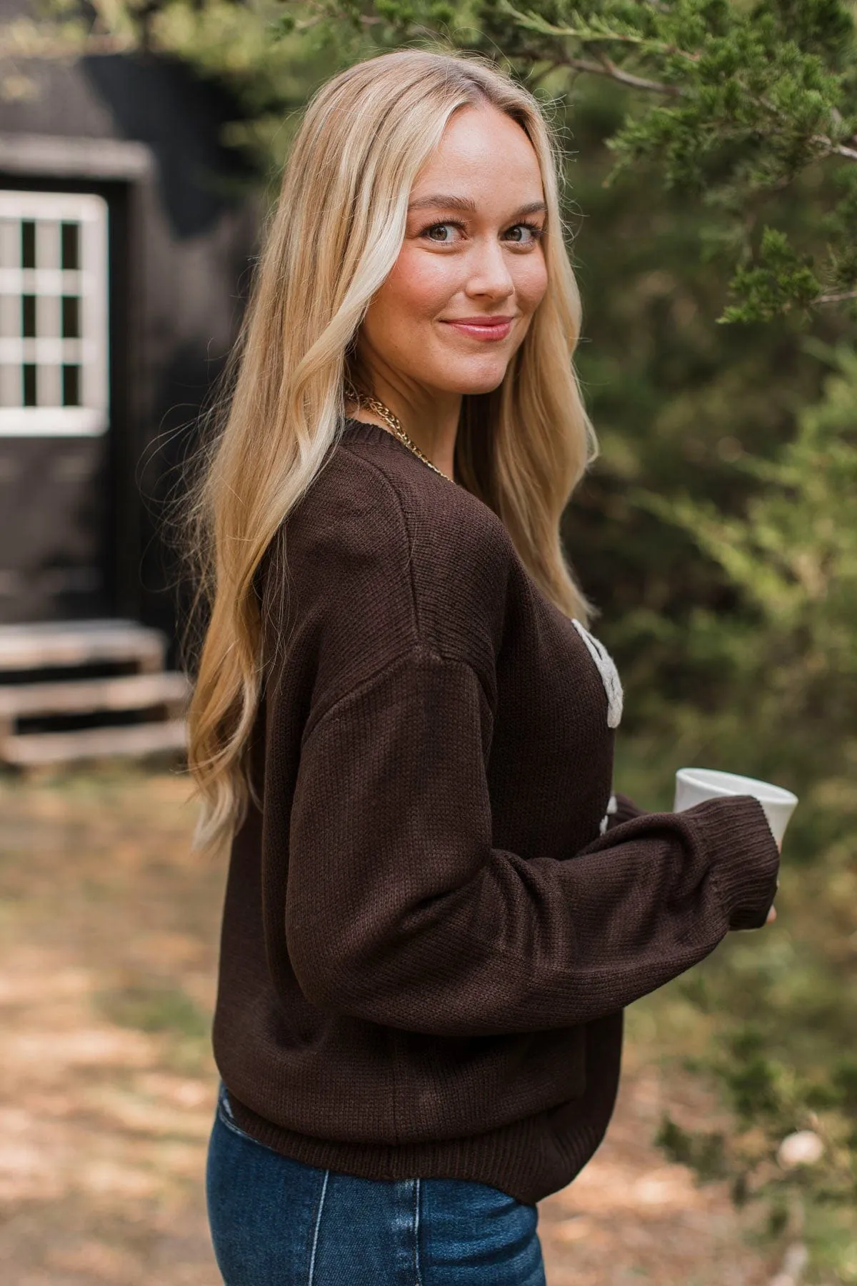 "Hello Fall" Embroidered Knit Sweater- Dark Brown