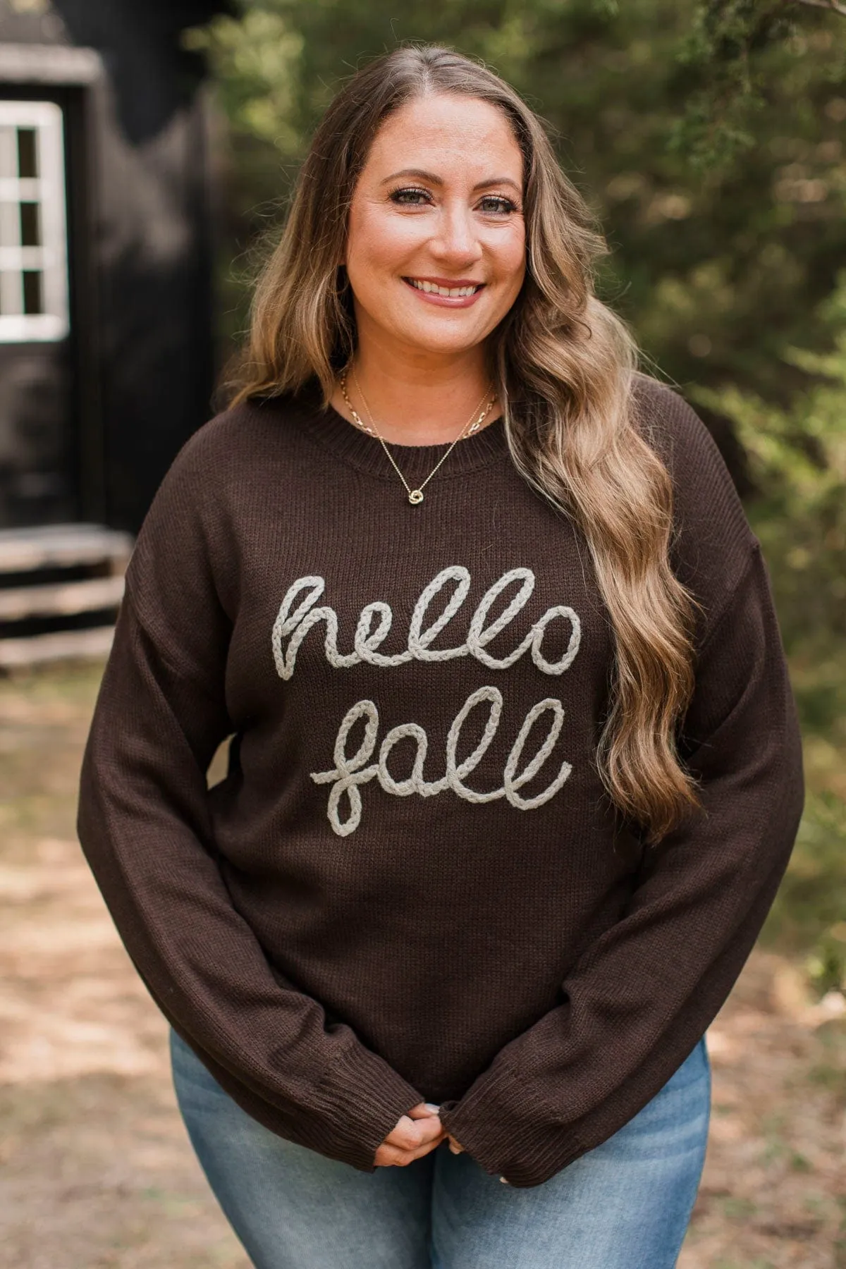 "Hello Fall" Embroidered Knit Sweater- Dark Brown