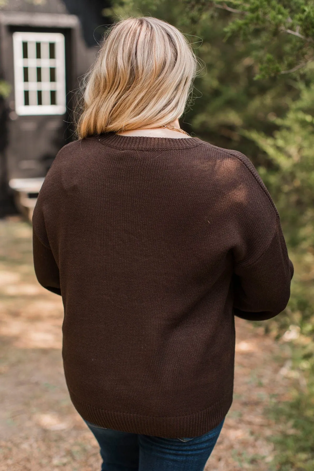 "Hello Fall" Embroidered Knit Sweater- Dark Brown