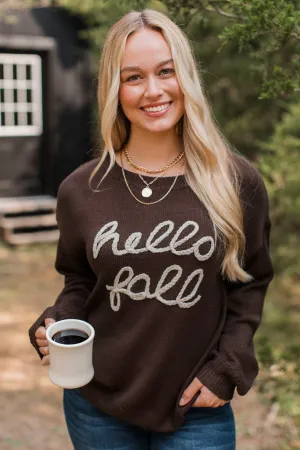 "Hello Fall" Embroidered Knit Sweater- Dark Brown