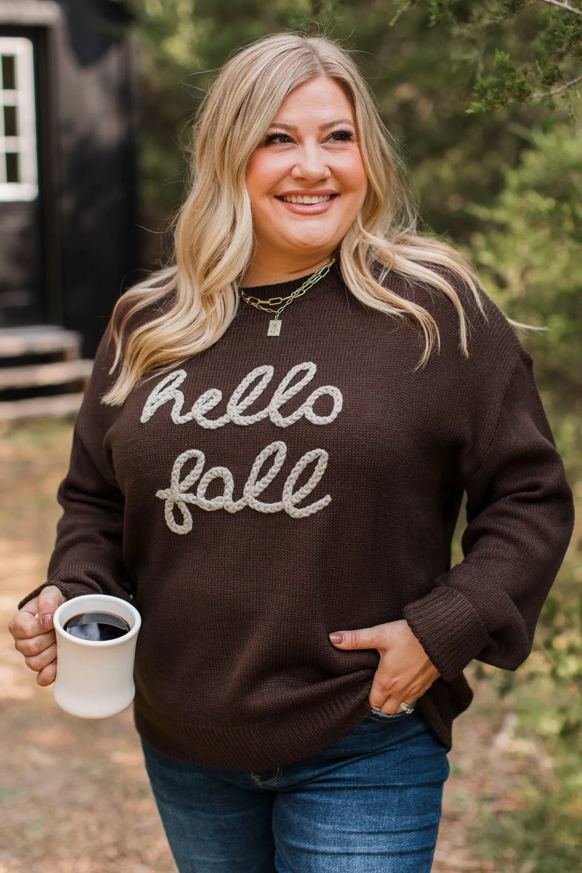 "Hello Fall" Embroidered Knit Sweater- Dark Brown