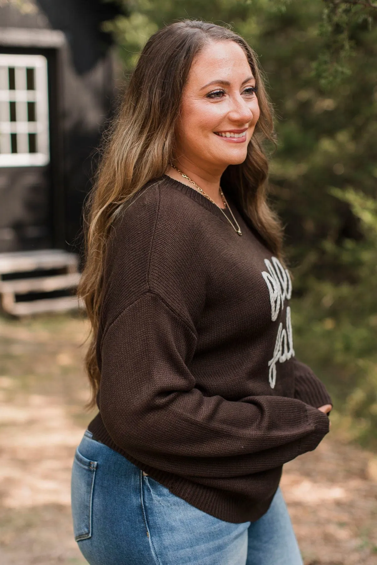 "Hello Fall" Embroidered Knit Sweater- Dark Brown