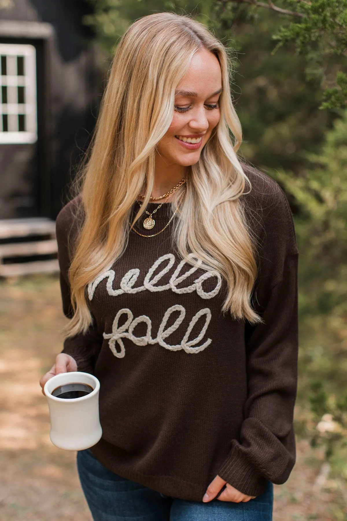 "Hello Fall" Embroidered Knit Sweater- Dark Brown