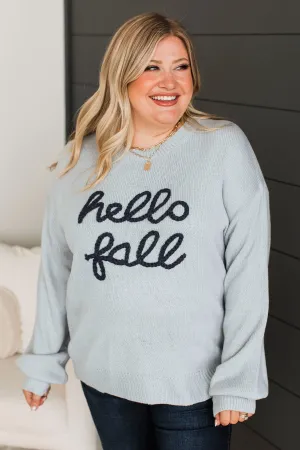 "Hello Fall" Embroidered Knit Sweater- Light Dusty Blue