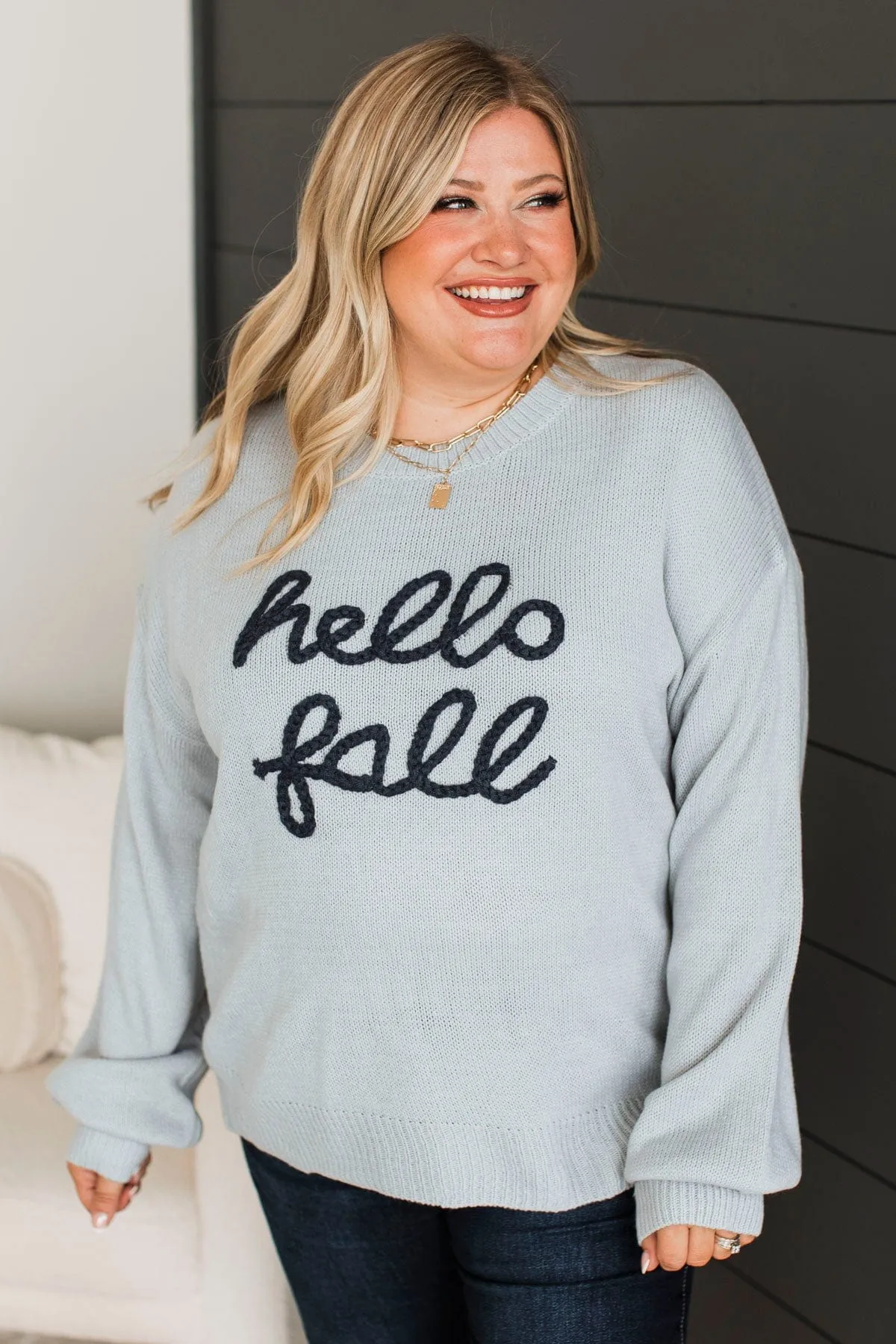 "Hello Fall" Embroidered Knit Sweater- Light Dusty Blue