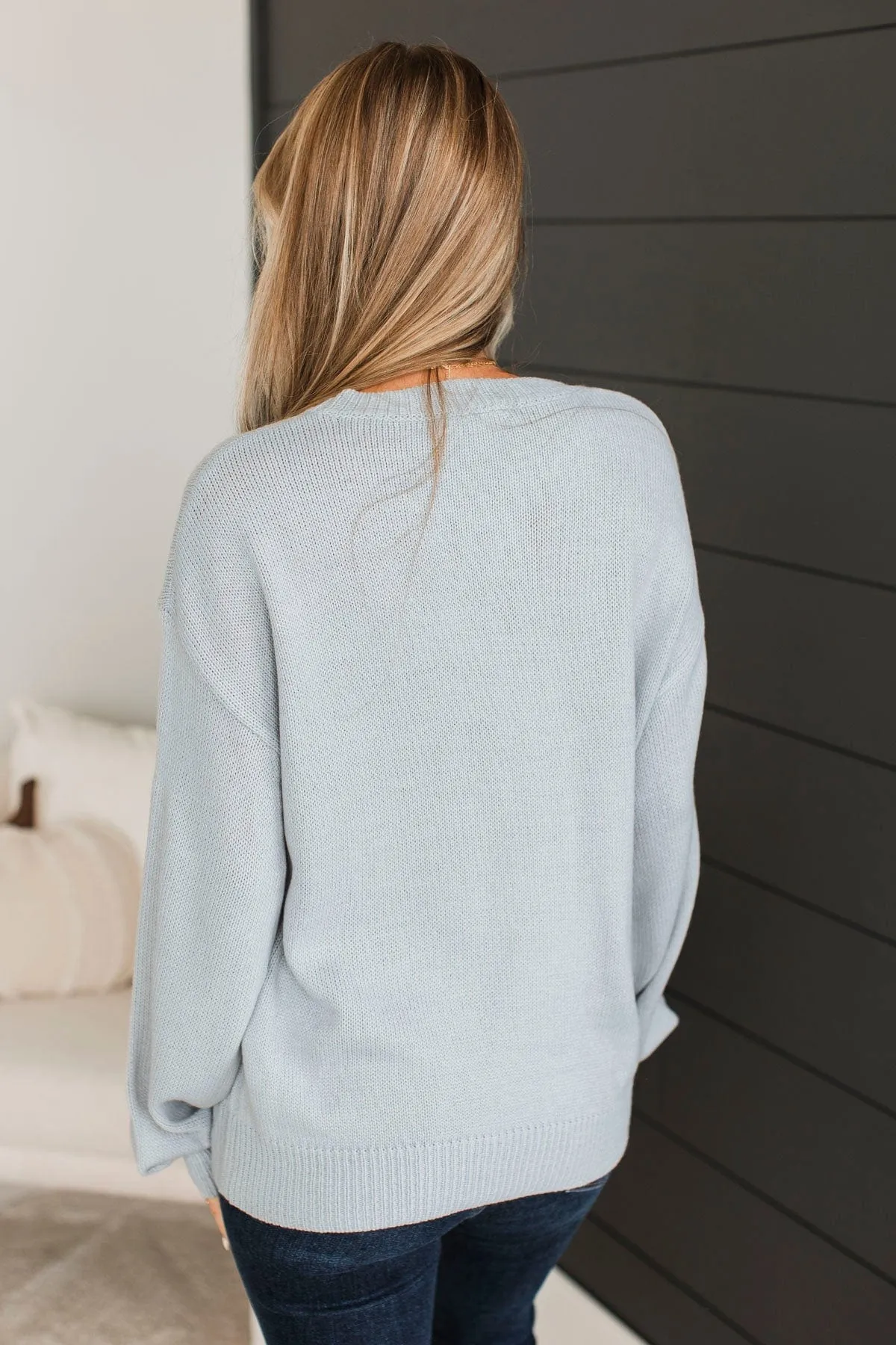 "Hello Fall" Embroidered Knit Sweater- Light Dusty Blue
