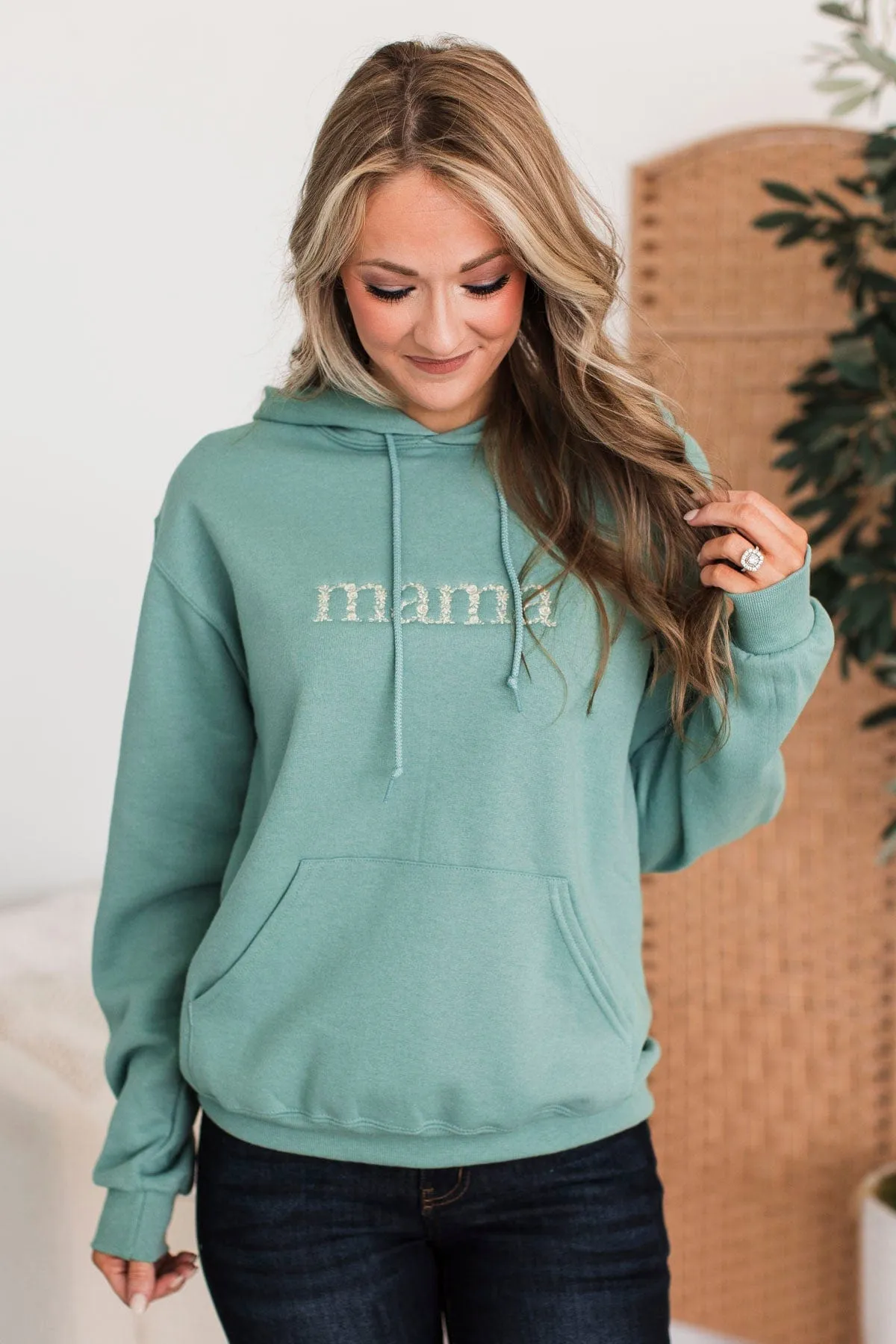 "Mama" Floral Embroidered Hoodie- Dusty Teal
