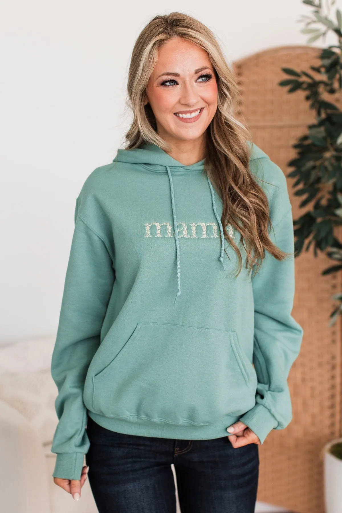 "Mama" Floral Embroidered Hoodie- Dusty Teal