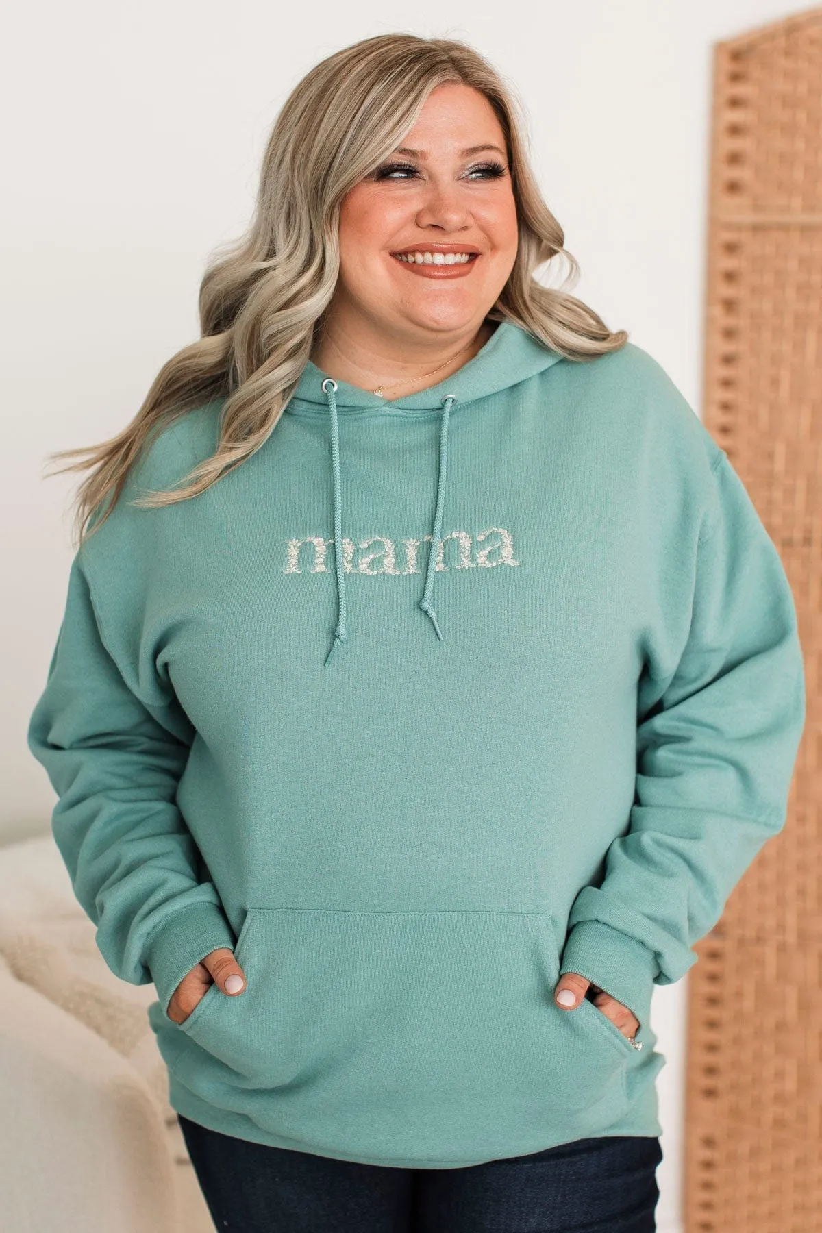 "Mama" Floral Embroidered Hoodie- Dusty Teal