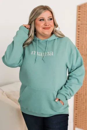 "Mama" Floral Embroidered Hoodie- Dusty Teal