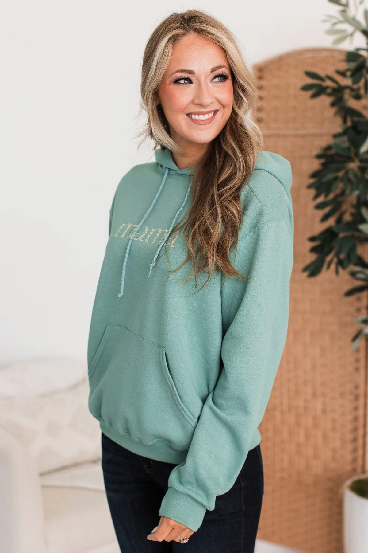 "Mama" Floral Embroidered Hoodie- Dusty Teal
