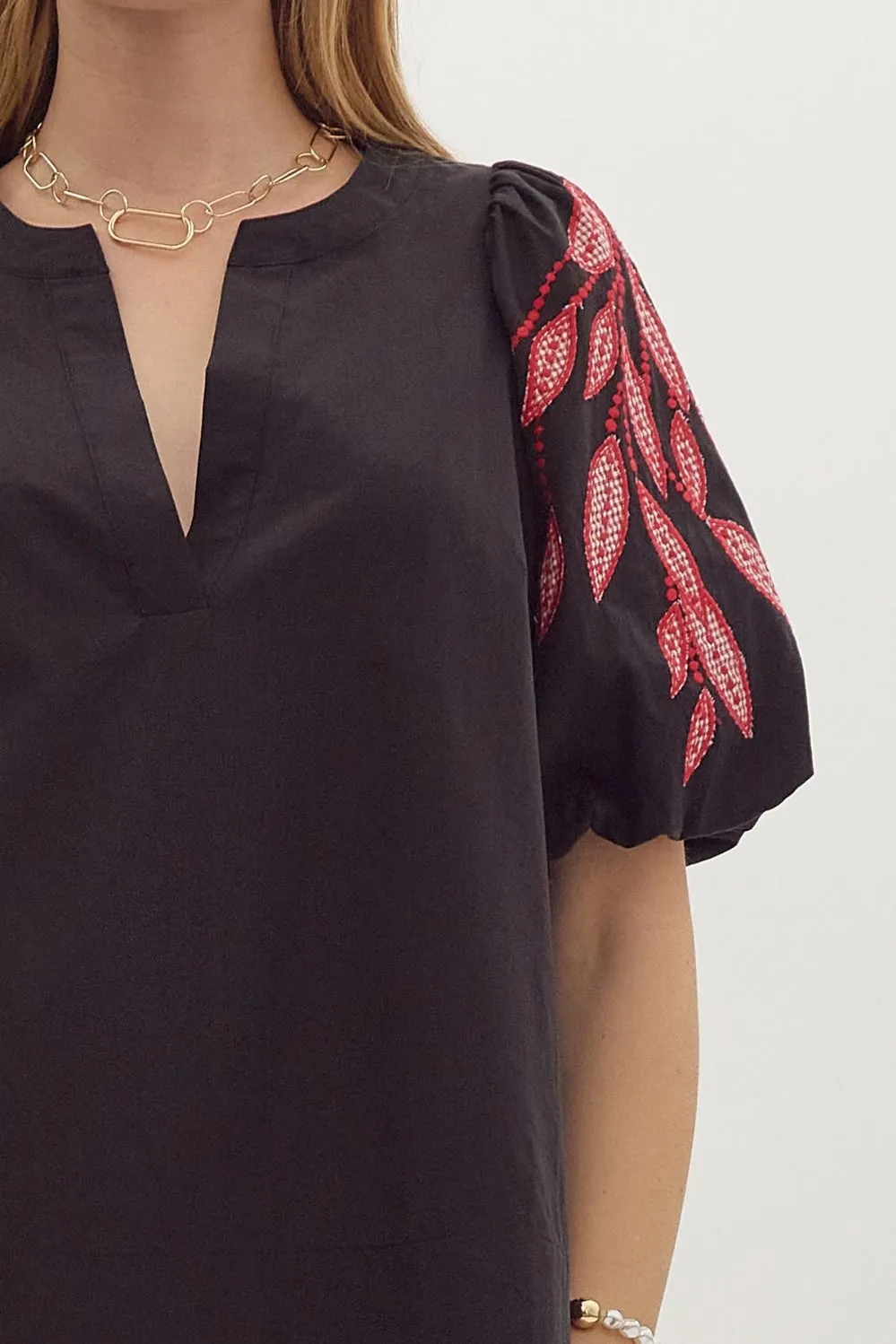 Red & Black Embroidered Sleeve Blouse