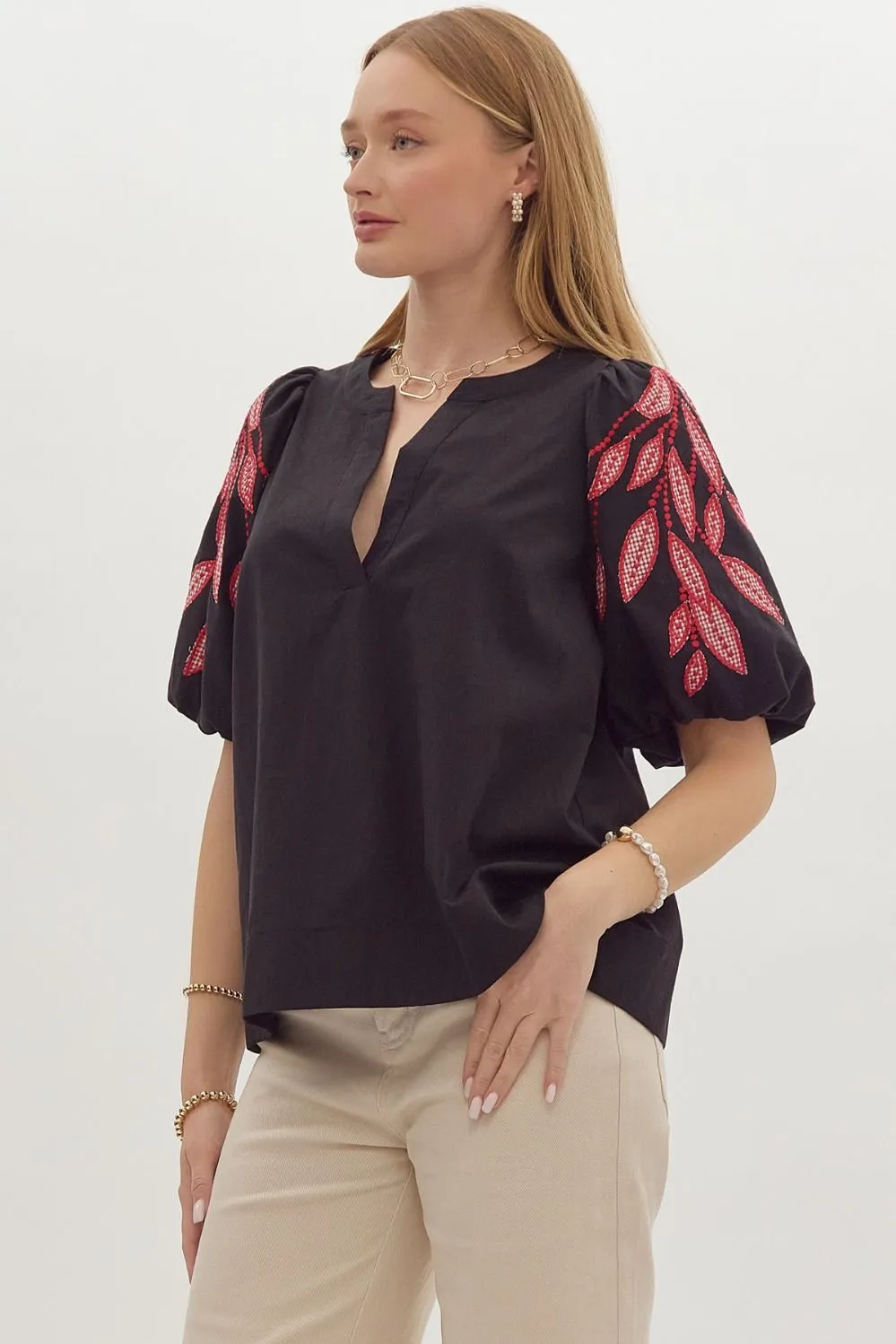 Red & Black Embroidered Sleeve Blouse