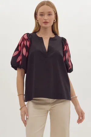 Red & Black Embroidered Sleeve Blouse