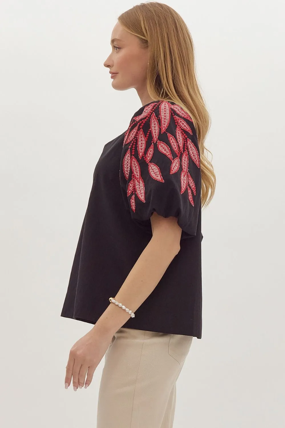 Red & Black Embroidered Sleeve Blouse