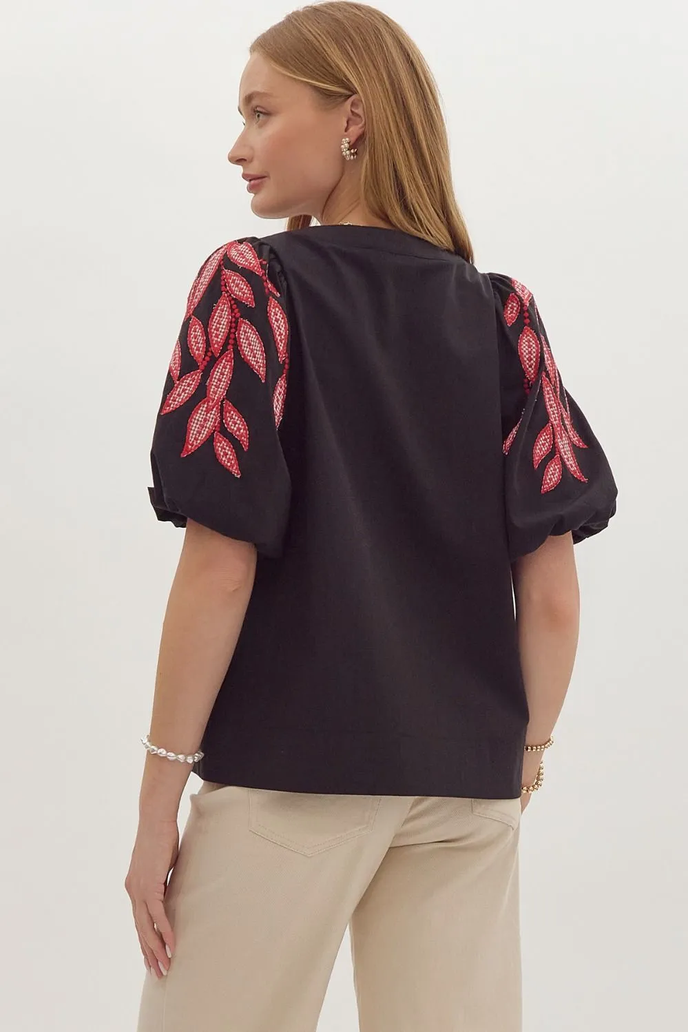 Red & Black Embroidered Sleeve Blouse