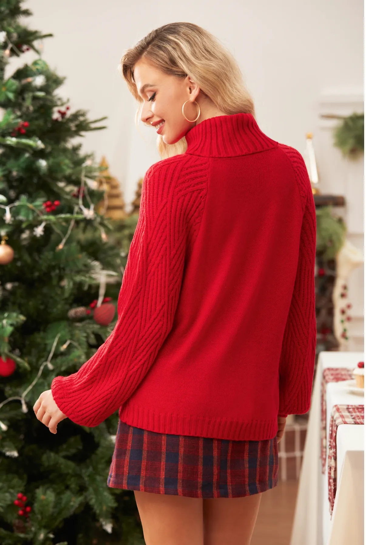 Red Knit Turtleneck Sweater with Puff Sleeves