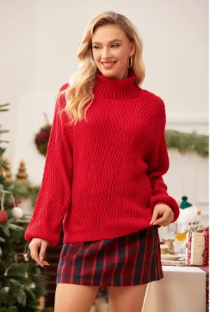 Red Knit Turtleneck Sweater with Puff Sleeves