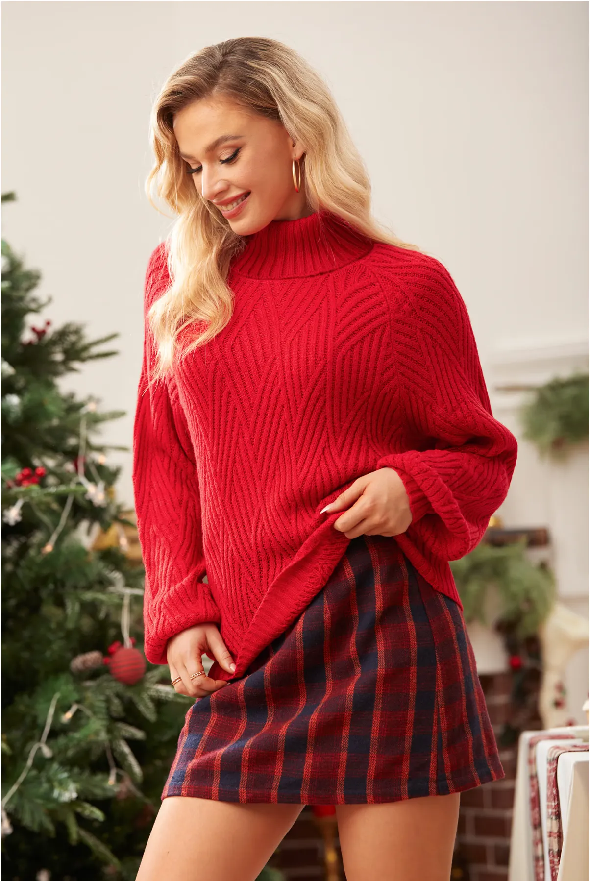 Red Knit Turtleneck Sweater with Puff Sleeves