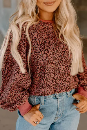 Red Vintage Leopard Bubble Sleeve Cropped Top