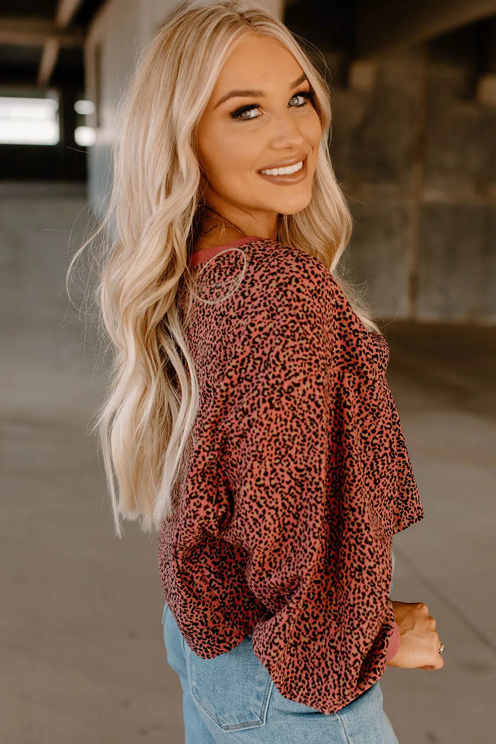 Red Vintage Leopard Bubble Sleeve Cropped Top