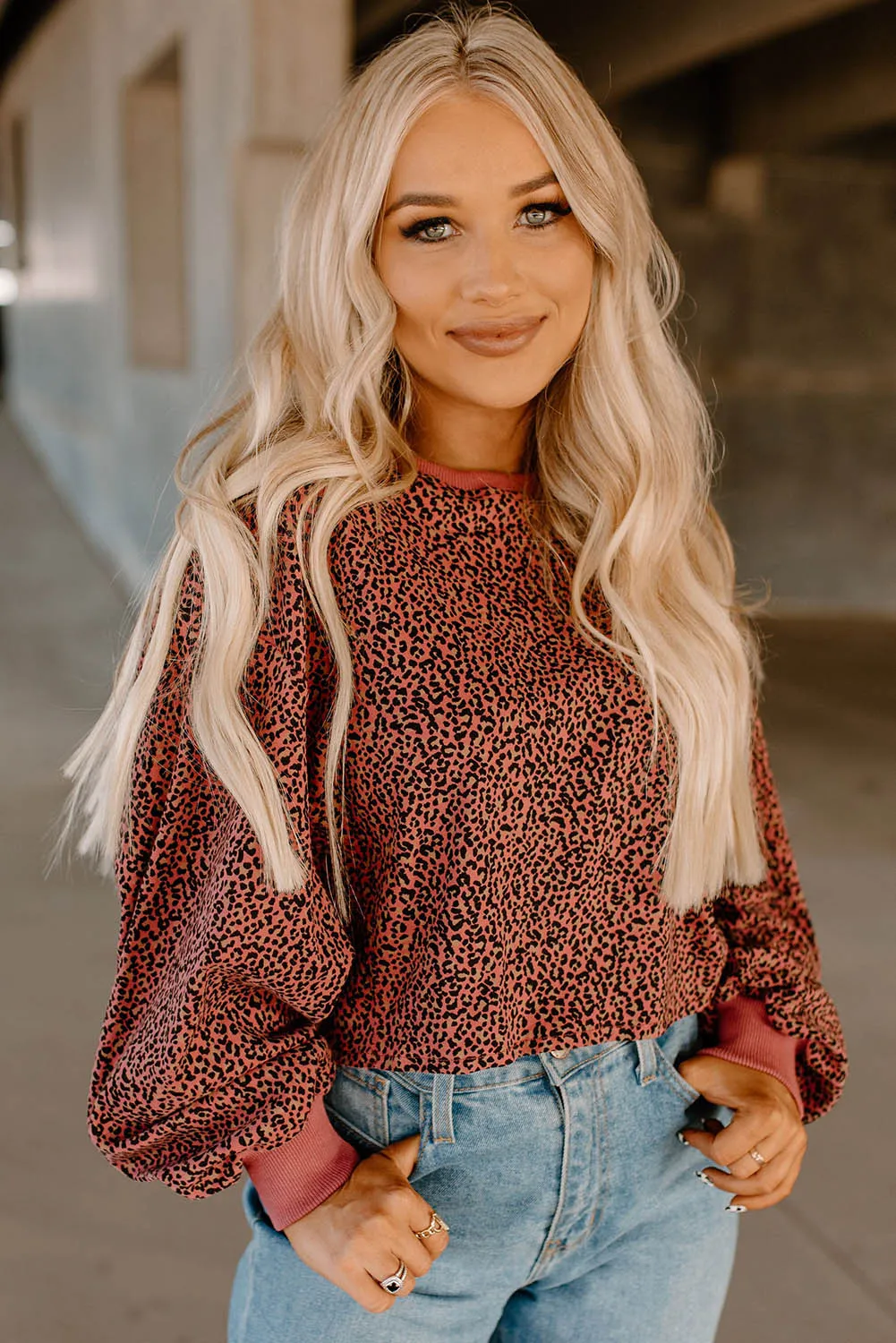 Red Vintage Leopard Bubble Sleeve Cropped Top