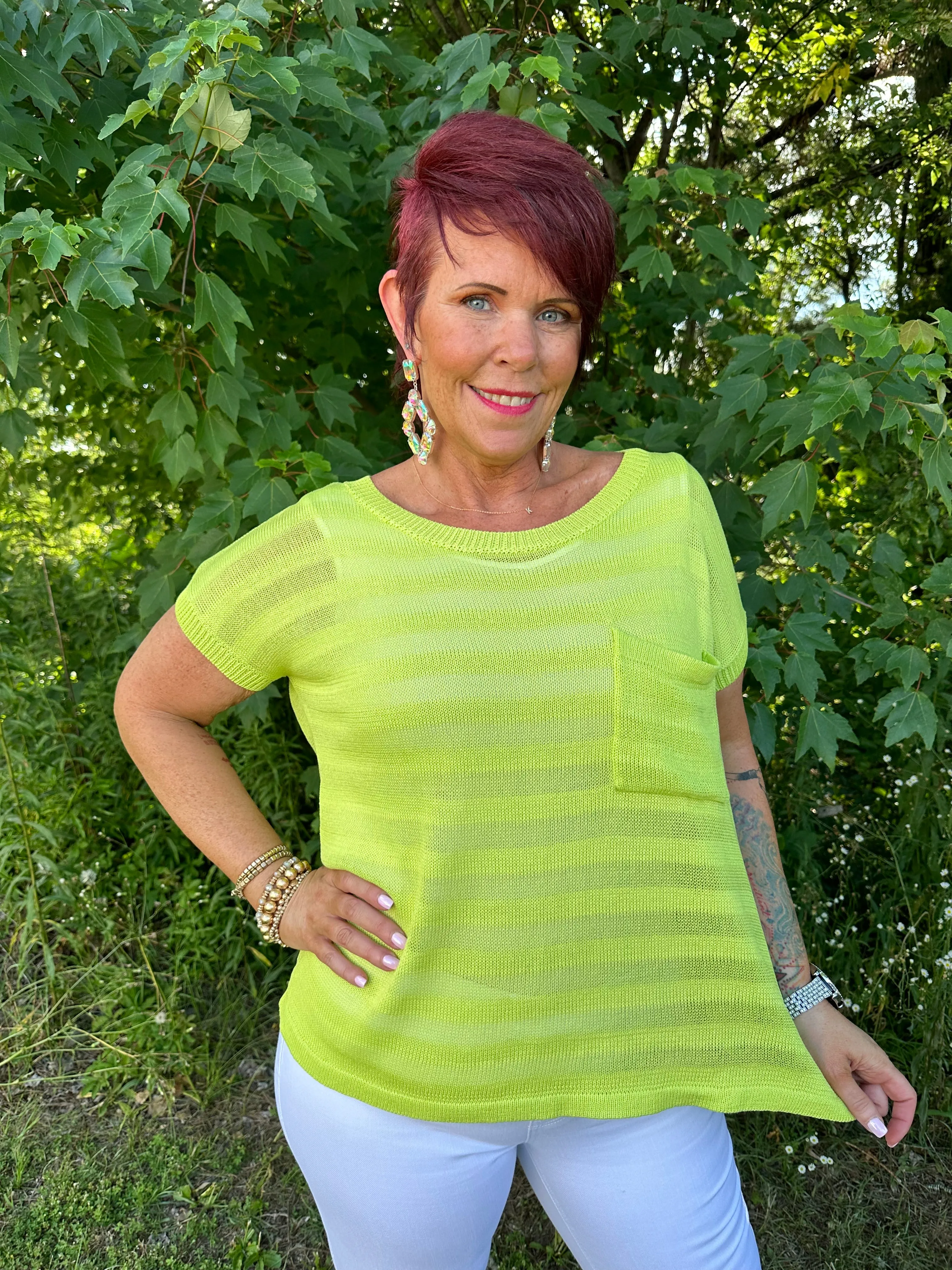 Reg/Curvy Drop Shoulder Sheer Sweater Top
