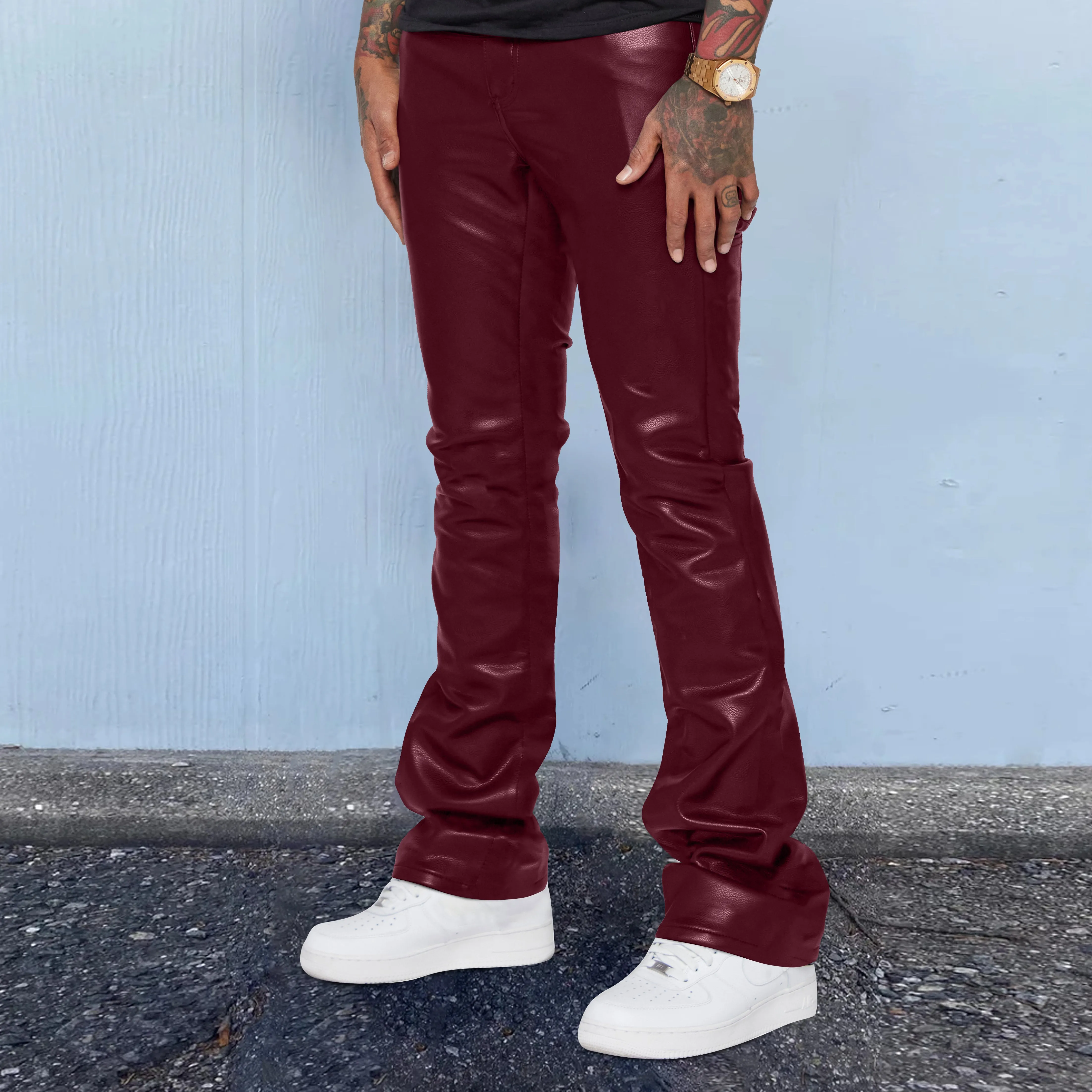 Retro fashion solid color PU casual leather pants