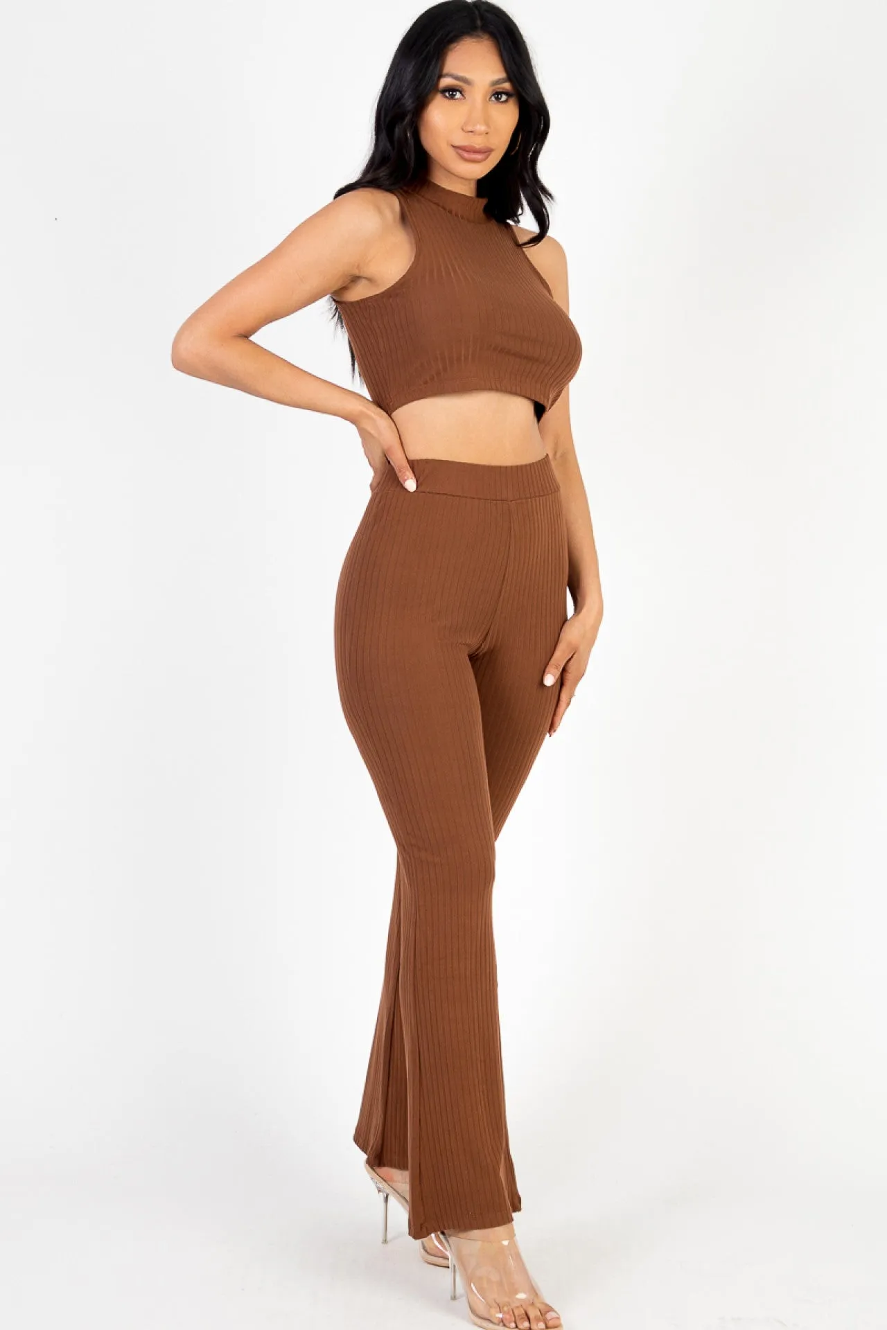 RIBBED MOCK NECK CROP TANK TOP & BOOTCUT PANTS SET