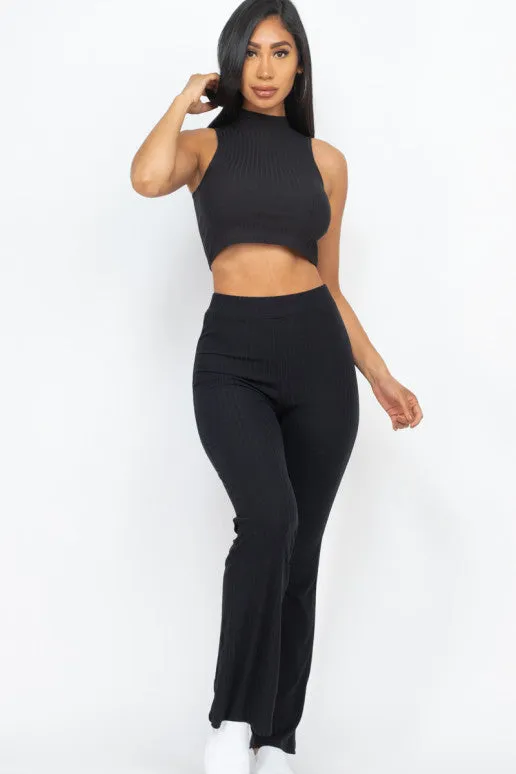 RIBBED MOCK NECK CROP TANK TOP & BOOTCUT PANTS SET