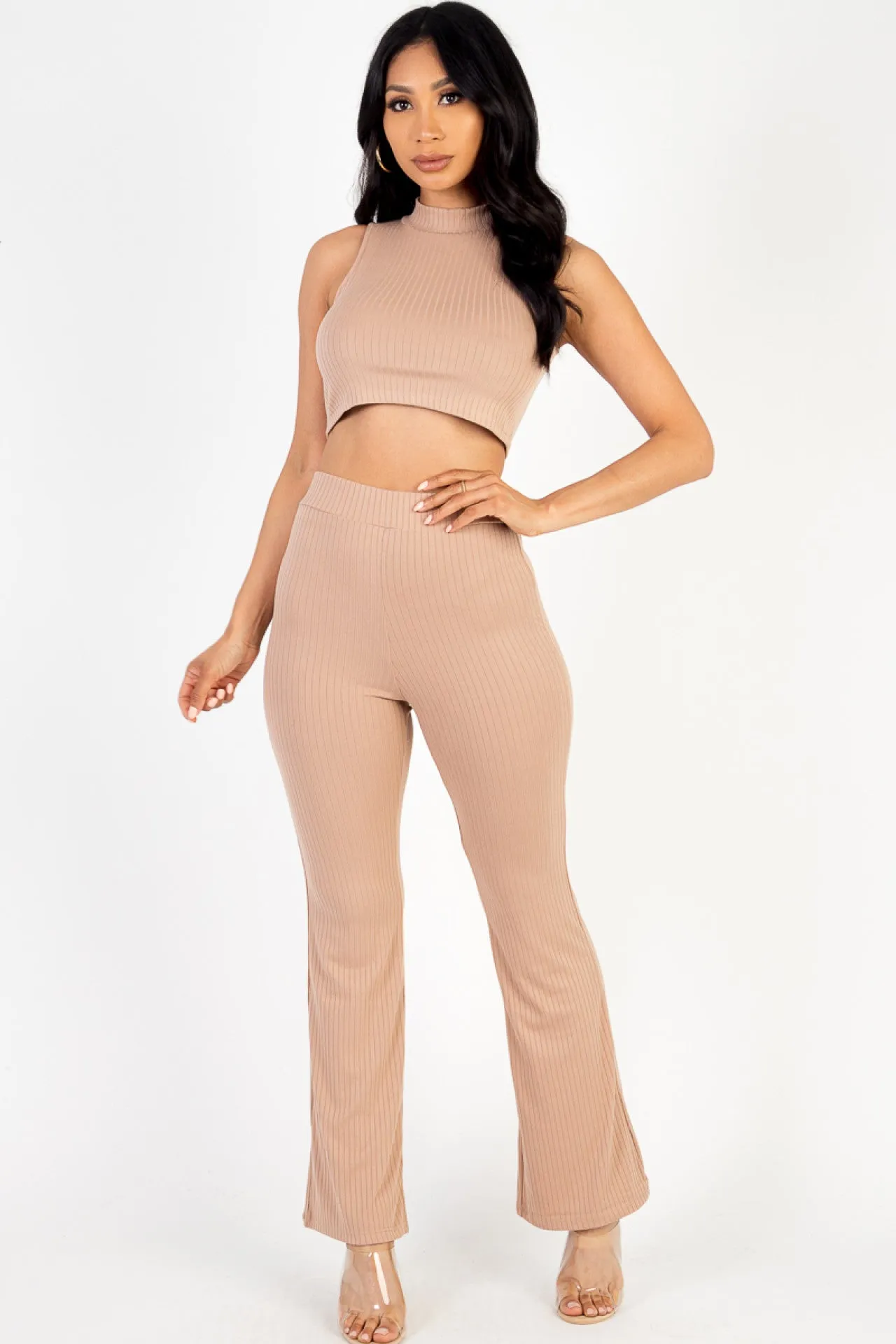 RIBBED MOCK NECK CROP TANK TOP & BOOTCUT PANTS SET