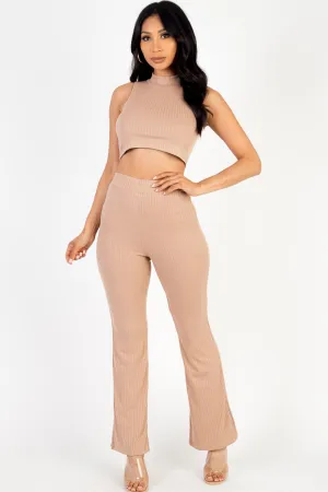 RIBBED MOCK NECK CROP TANK TOP & BOOTCUT PANTS SET