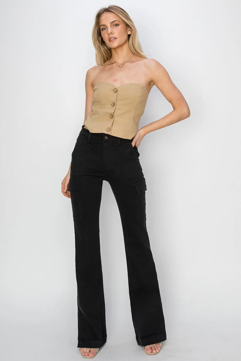 RISEN Full Size High Rise Side Slit Cargo Bootcut Jeans XXS-3XL