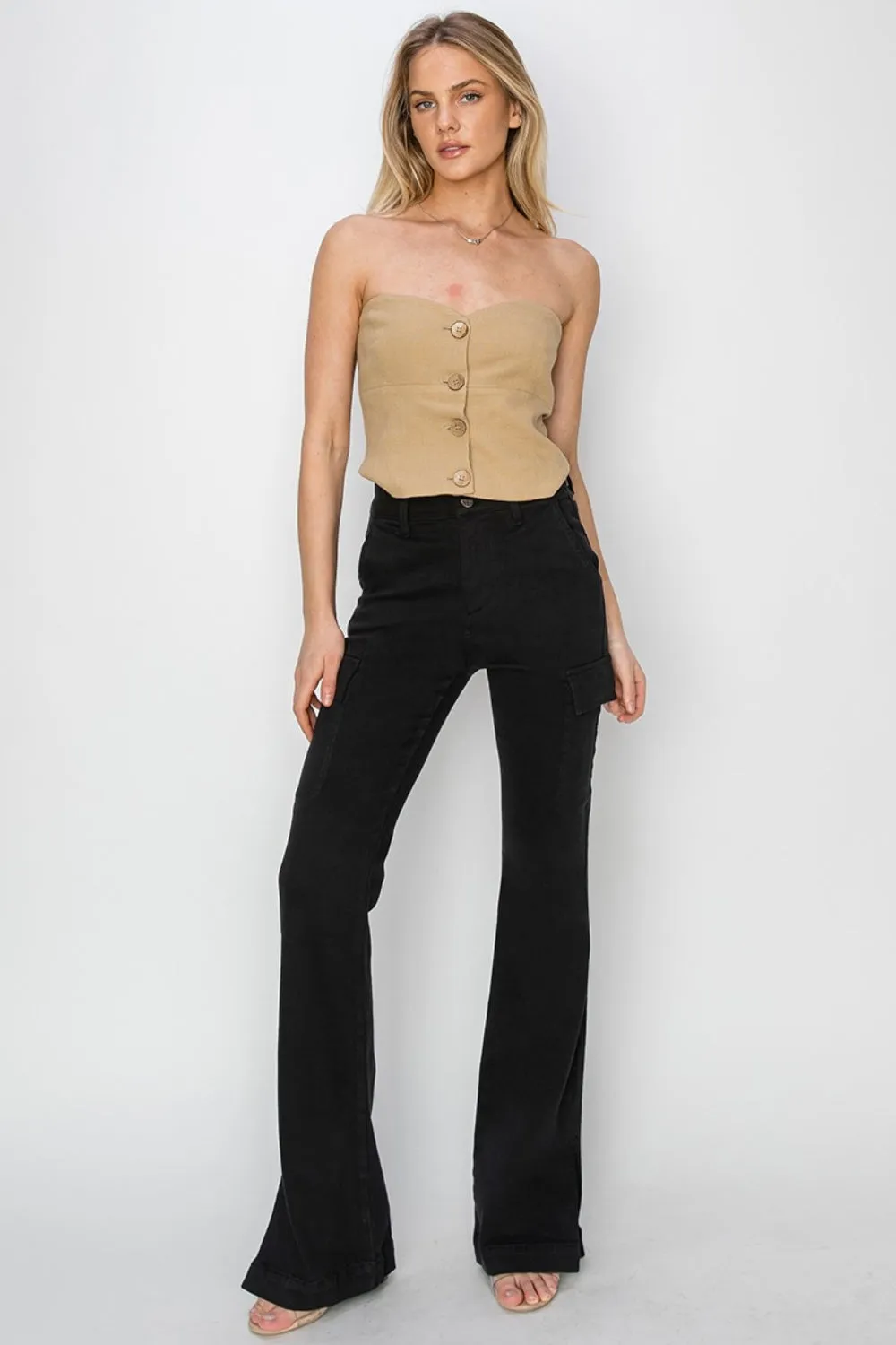 RISEN Full Size High Rise Side Slit Cargo Bootcut Jeans XXS-3XL