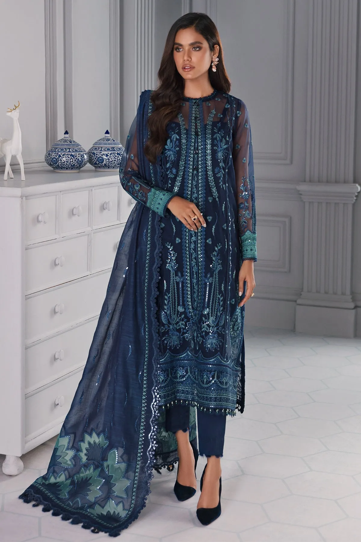 Royal Blue Heavily Embroidered Pakistani Salwar Kameez with Dupatta