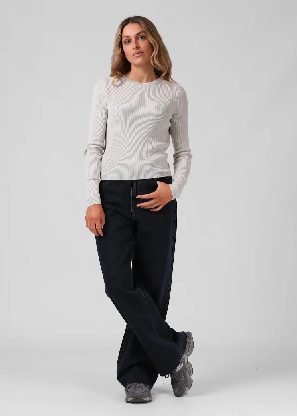 RPM Knitted Long Sleeve Top - Light Grey