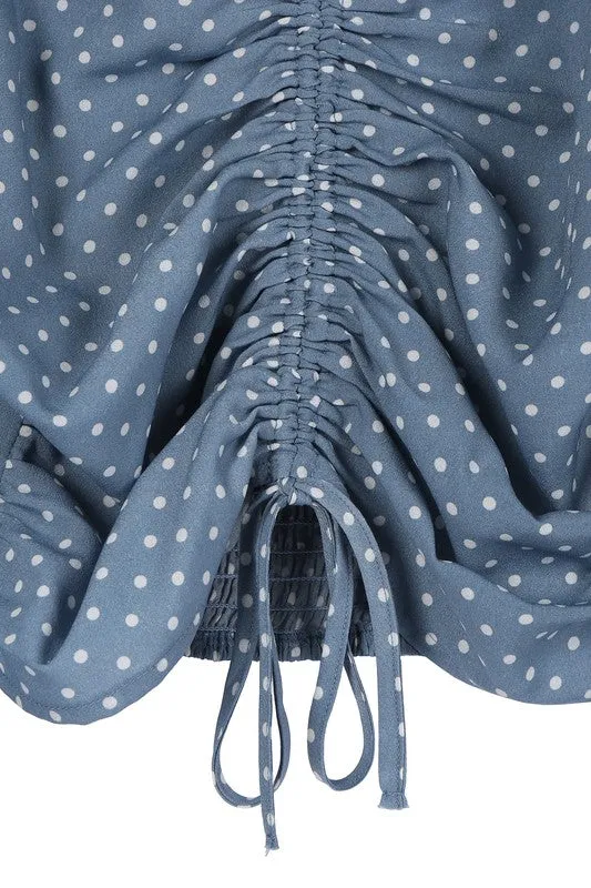 Ruched Polka Dot Crop Top with Puff Sleeves