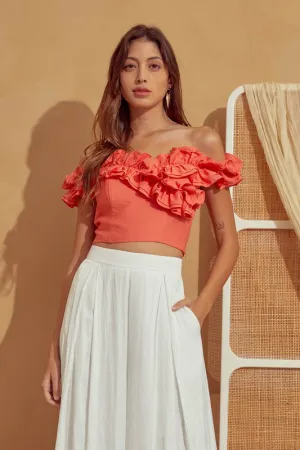 Ruffle Shoulder Crop- Coral